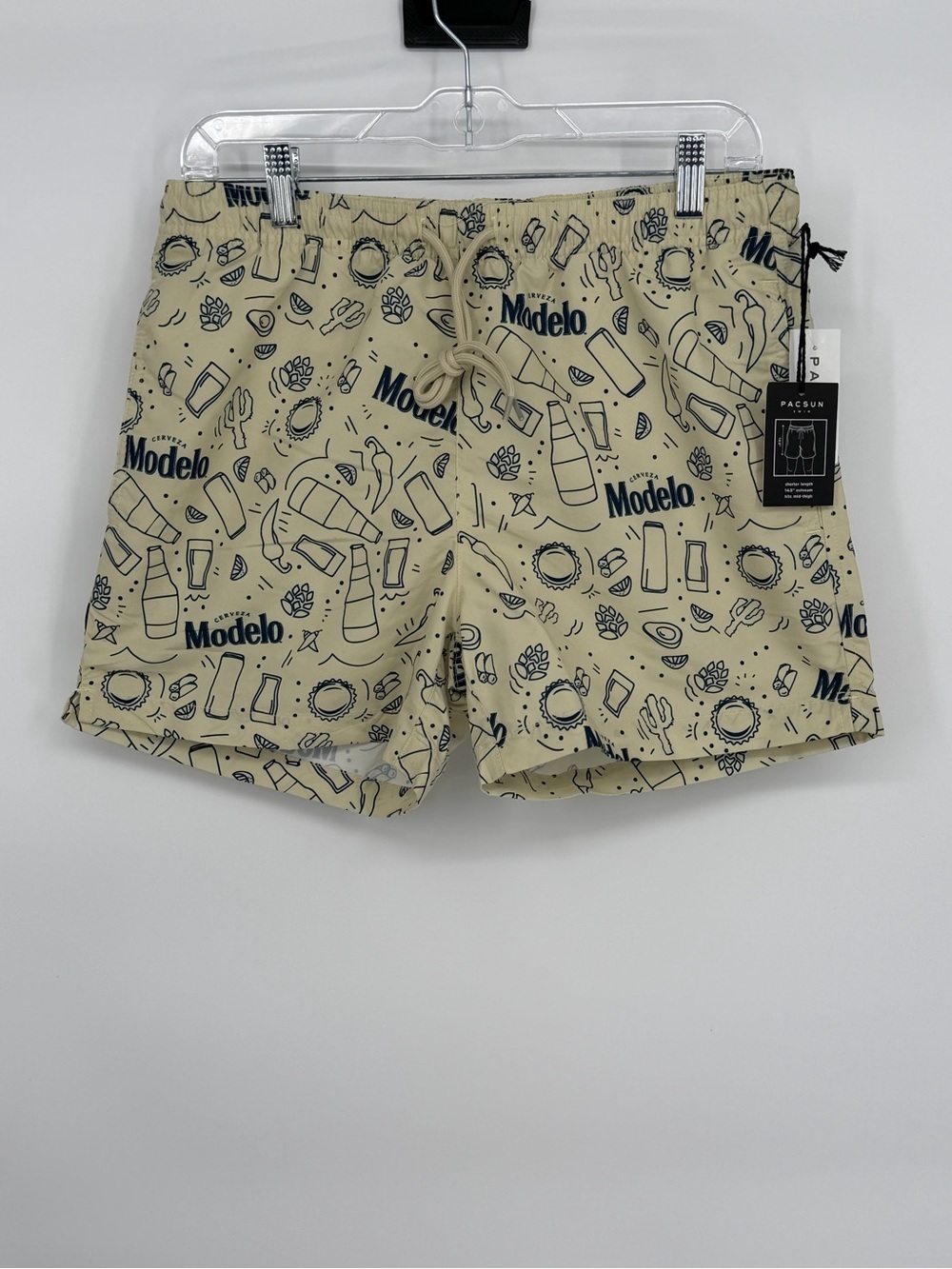 PacSun Beige Swim Shorts with Navy Modelo Print